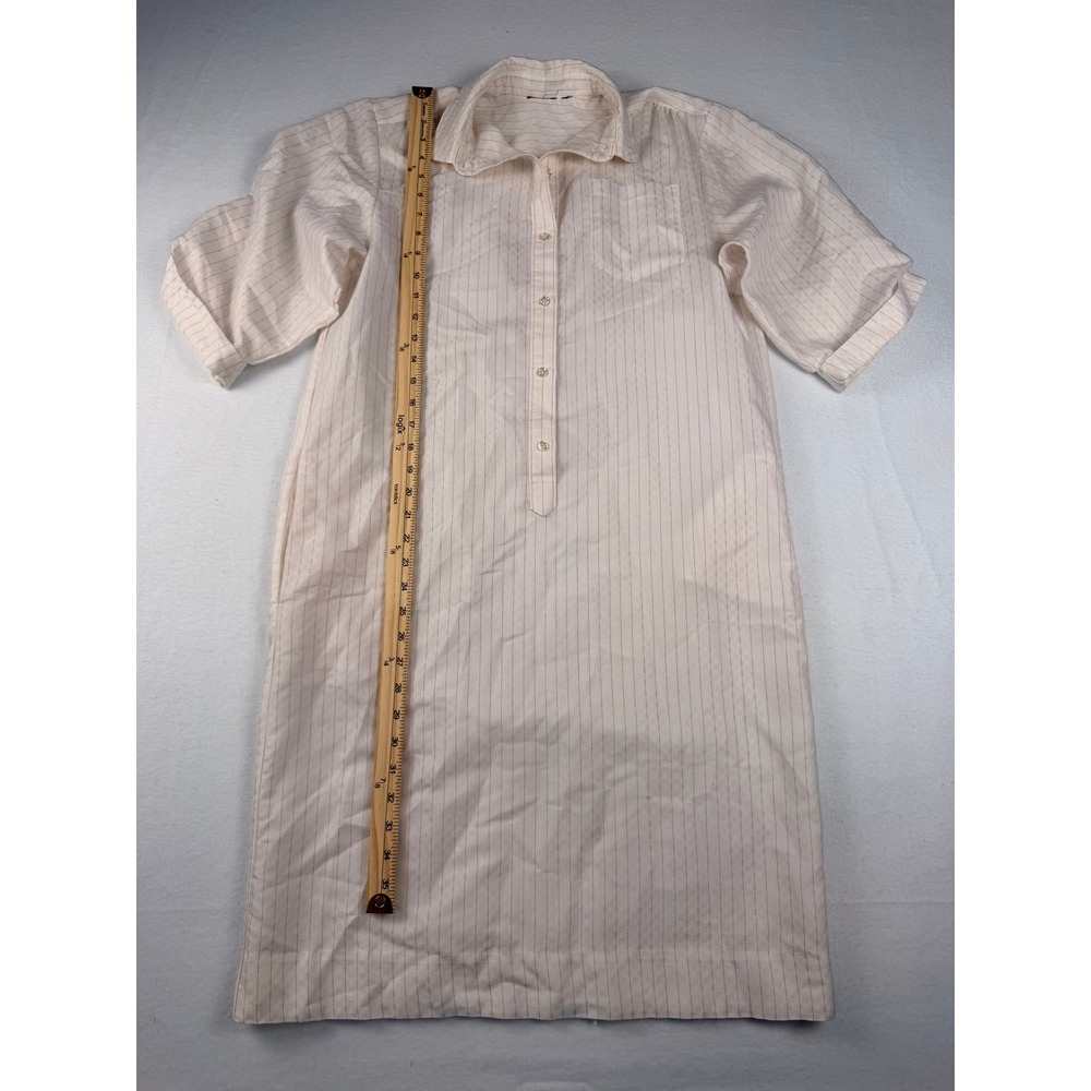 Vintage Pinstripe Shirt Dress Short Sleeve Button Front Cream Pink Stripe Mini - Picture 2 of 8